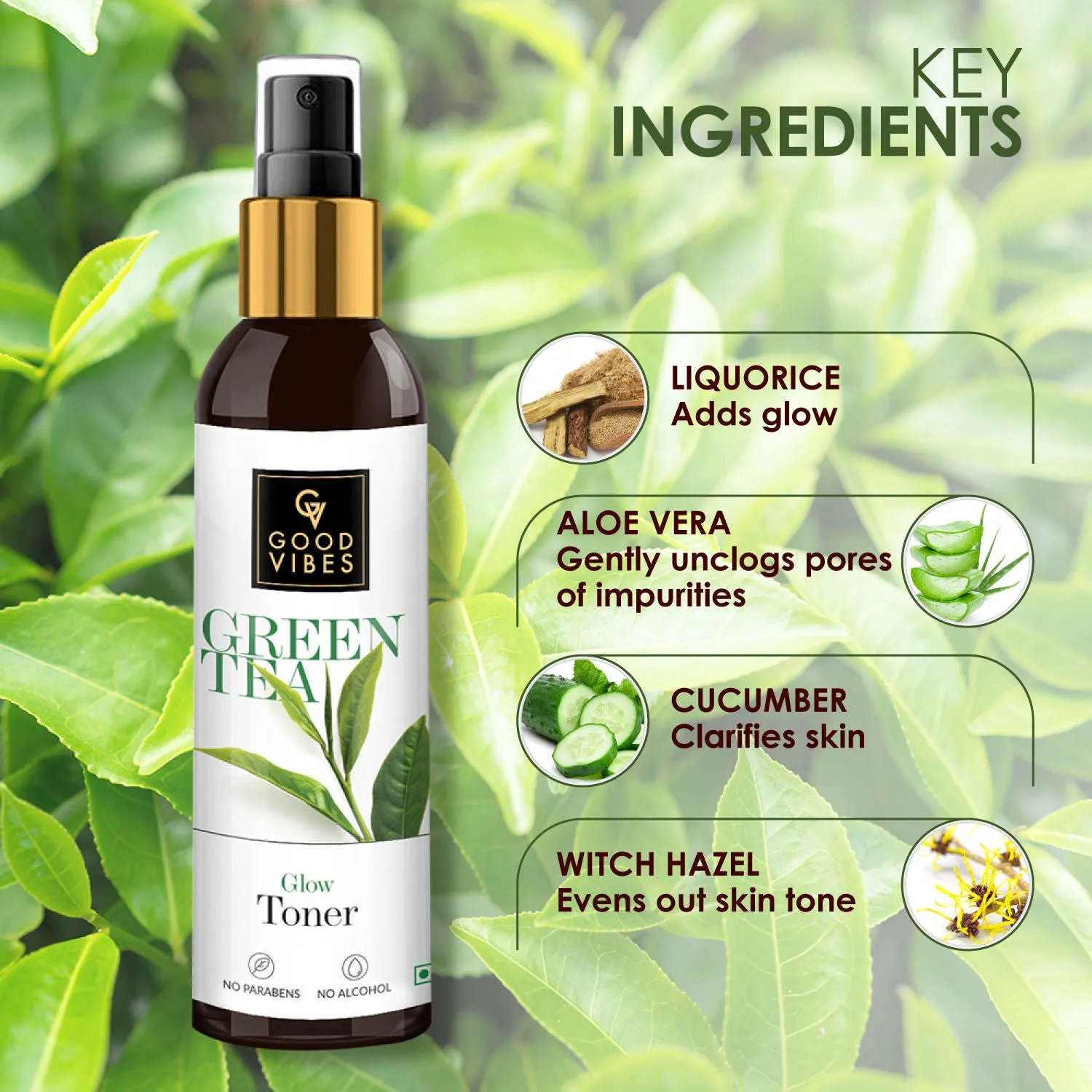 Good Vibes Green Tea Glow Toner | Hydrating, Soothing, Refreshing | With Apple | No Alcohol, No Sulphates, No Parabens, No Animal Testing (120 ml)